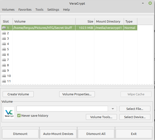 Your mounted drives in VeraCrypt