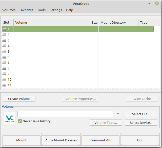 The VeraCrypt interface