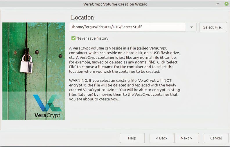 Creating a new file using VeraCrypt.