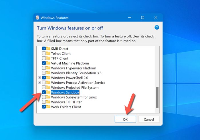 To enable Windows Sandbox, select the Windows Sandbox checkbox in the Optional Features menu before pressing OK.