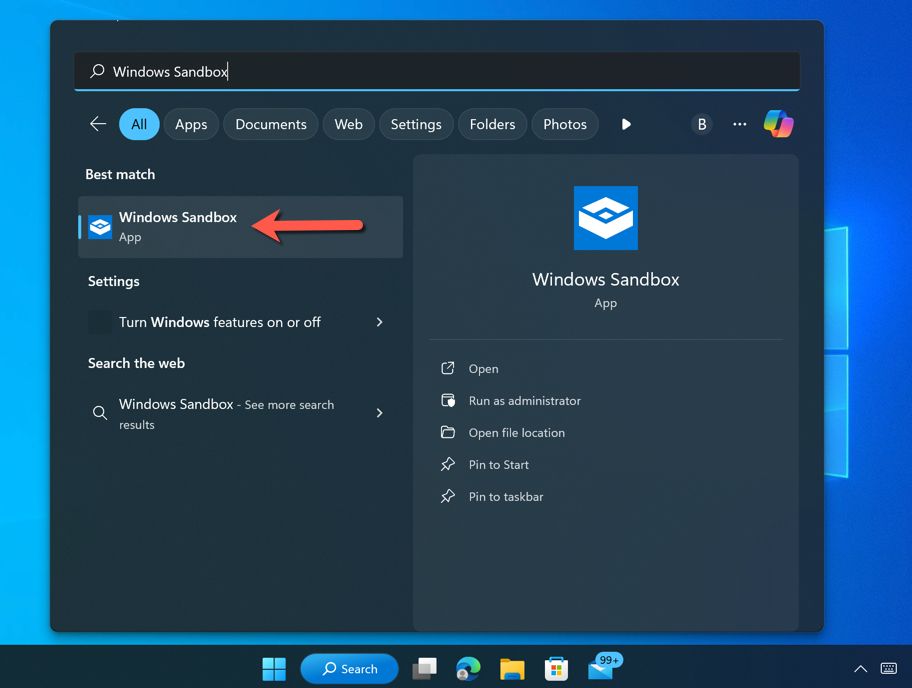 Opening Windows Sandbox via the Windows 11 start menu.