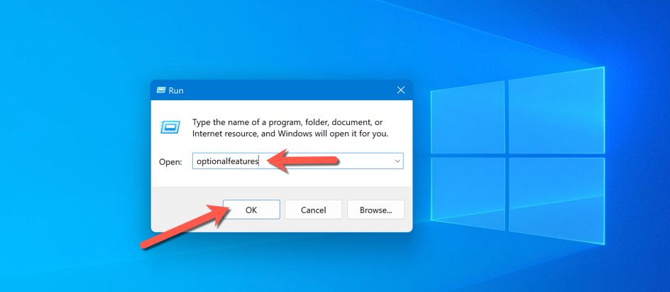 Opening the Optional Features settings menu in Windows 11 via the Run dialog box