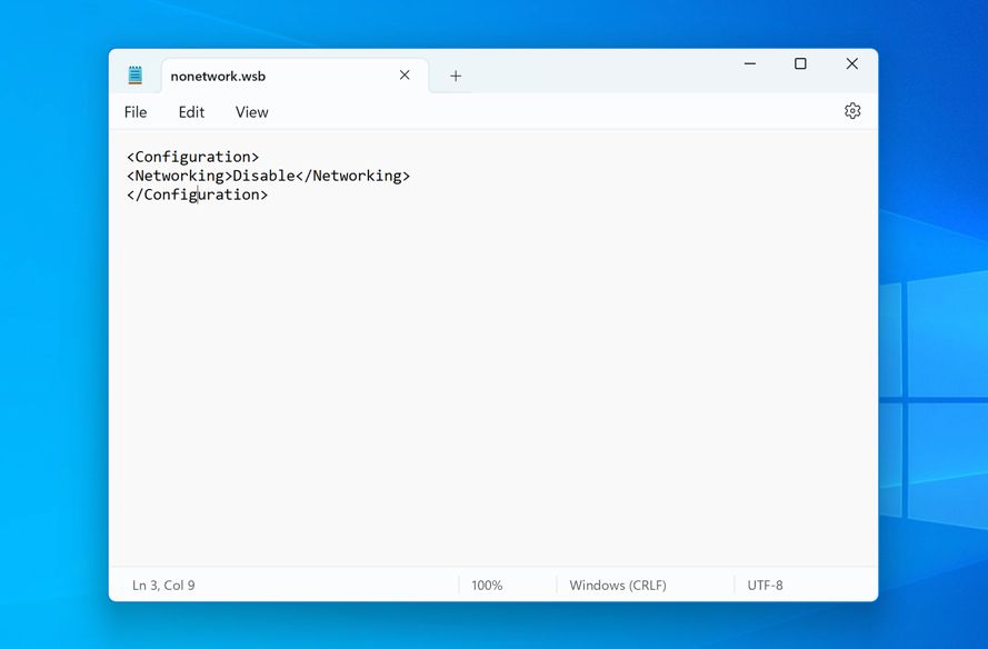 A custom configuration file for a Windows Sandbox environment in a Notepad window