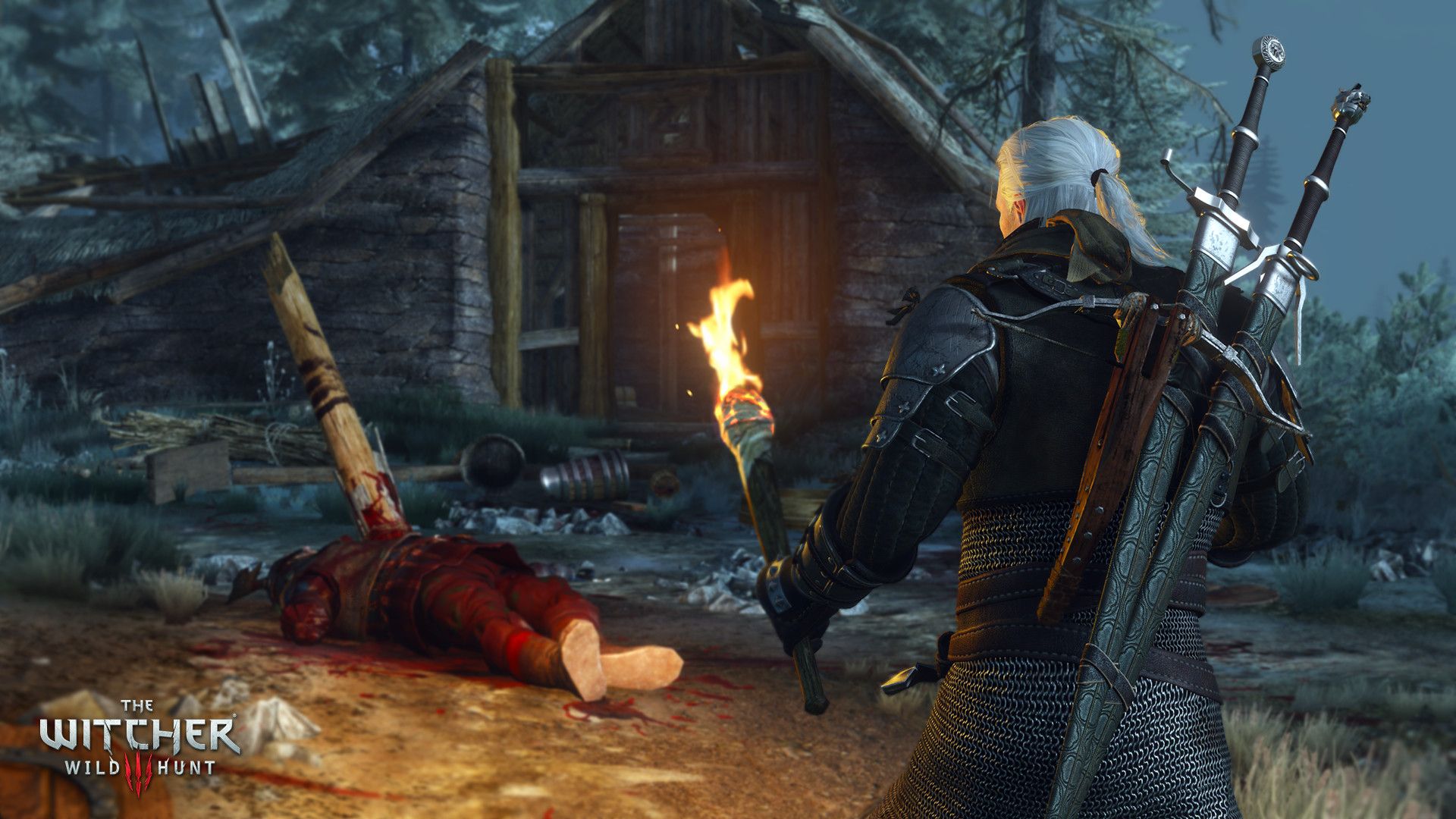 Witcher 3 classic official screenshot showing the back of the witcher with two swords