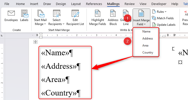 Word's Insert Merge Field drop-down, with the different fields having been added to the Word document.