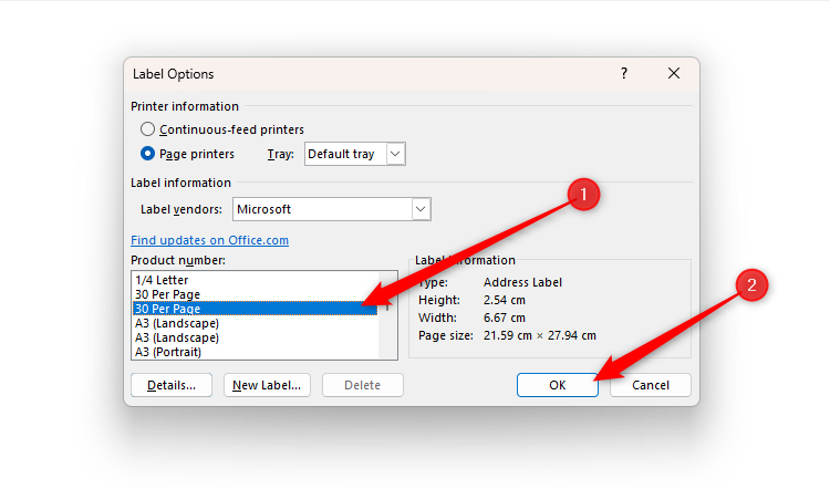 Word's Label Options dialog box, with 30 Per Page selected, and OK being clicked.