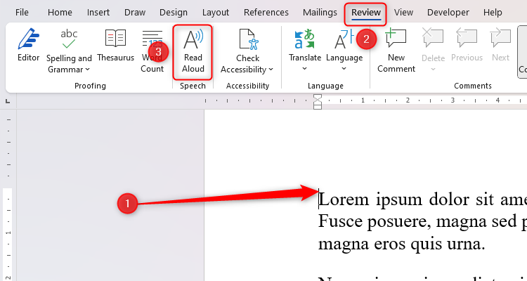 Word's Read Aloud facility, accessed through the Review tab on the ribbon.