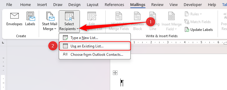 Word's Select Recipients button, with Use An Existing List selected.