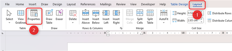 Word's Table Layout tab displaying the Table Properties icon.