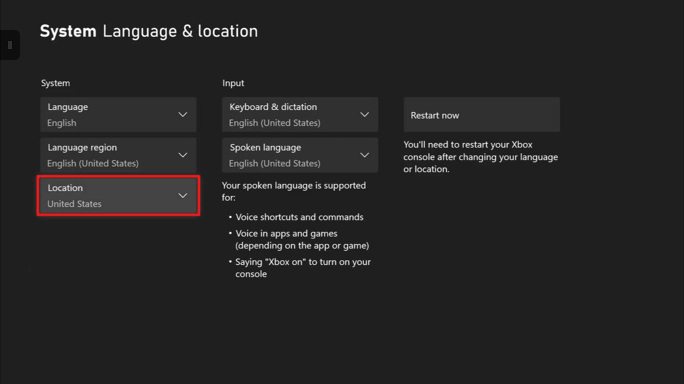 The Language & location menu in the Xbox One settings, with the Location option highlighted.