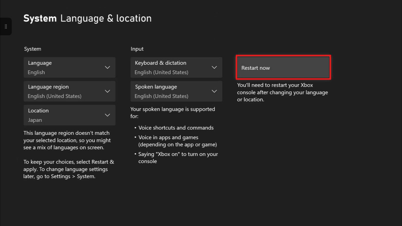 The Xbox One restart option highlighted.