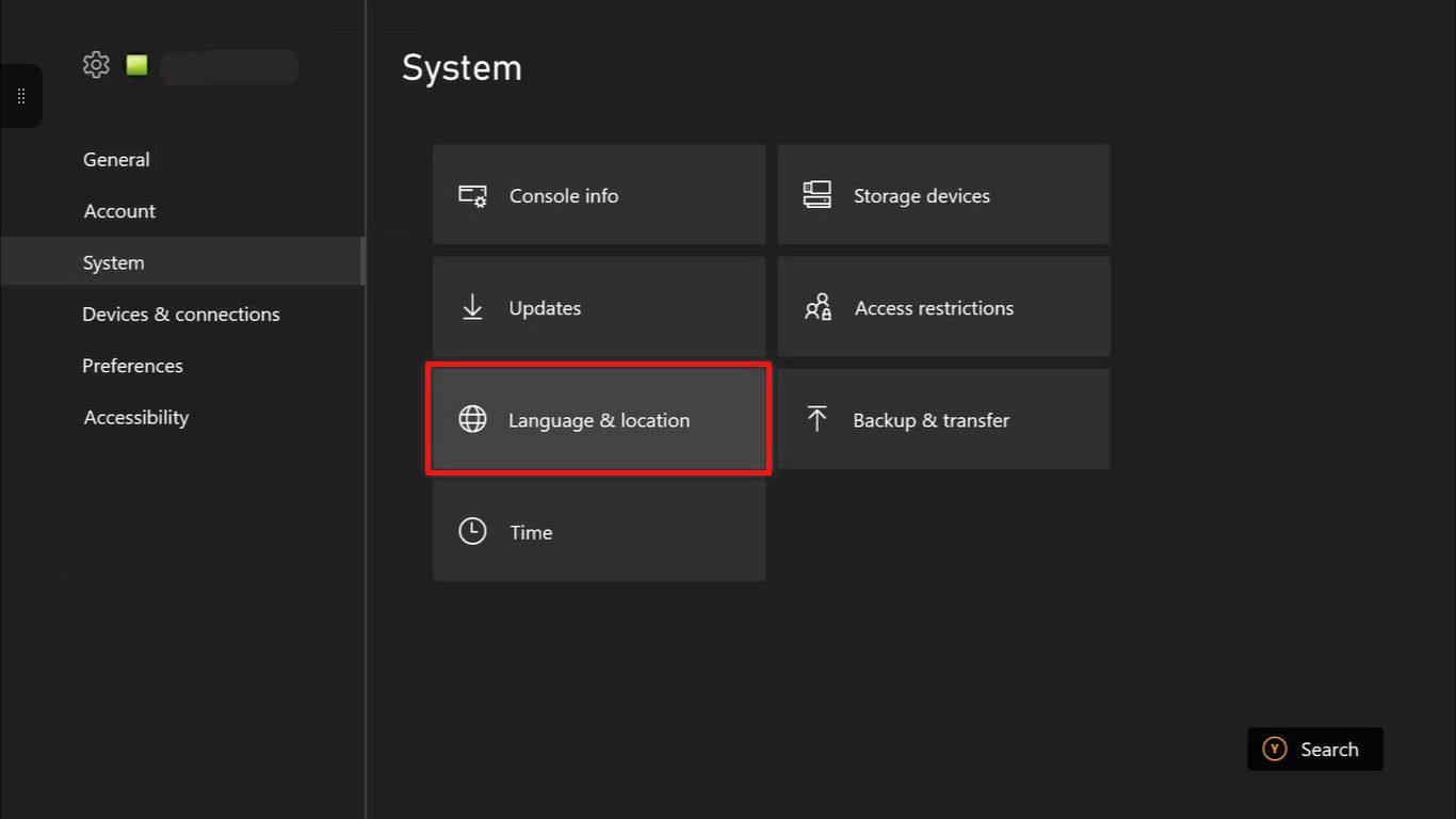 System tab in the Xbox One Settings, with "Language & location" highlighted.