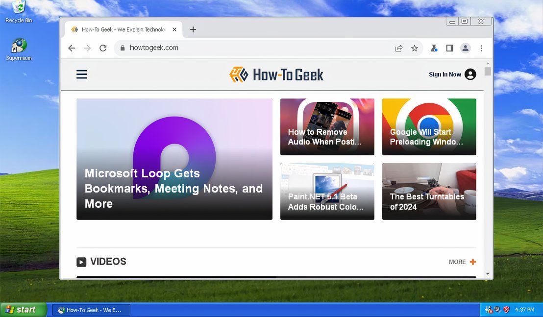 The How-To Geek website running in the Supermium browser on a Windows XP machine