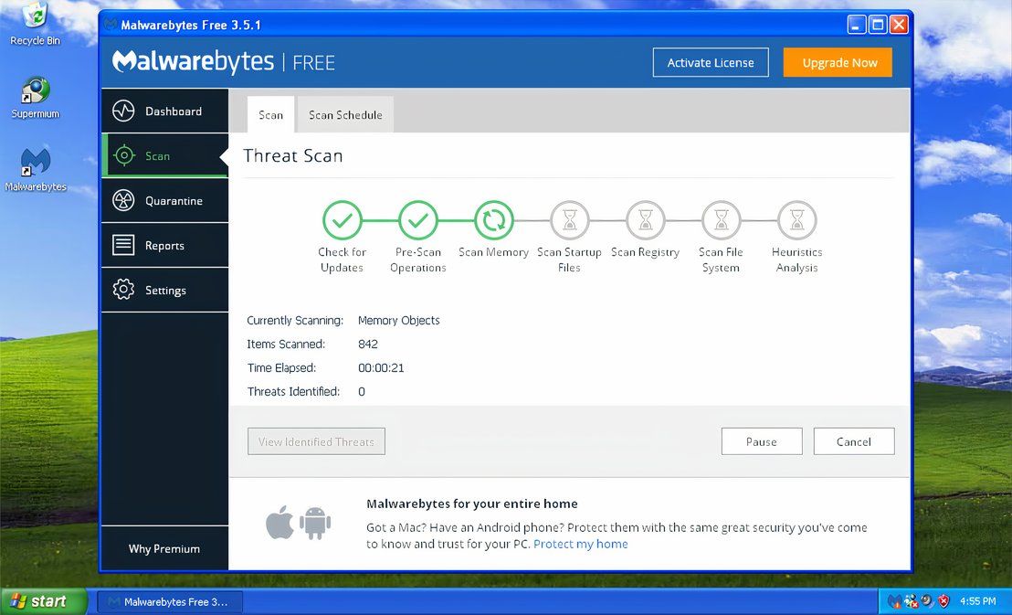 Malwarebytes running on a Windows XP machine