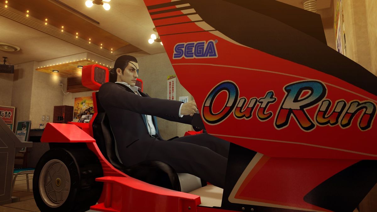 Official screenshot of Goro Majima playing Out Run in Yakuza 0.