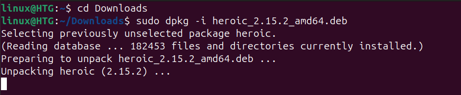 Linux terminal with the installation commands of the Heroic DEB package.