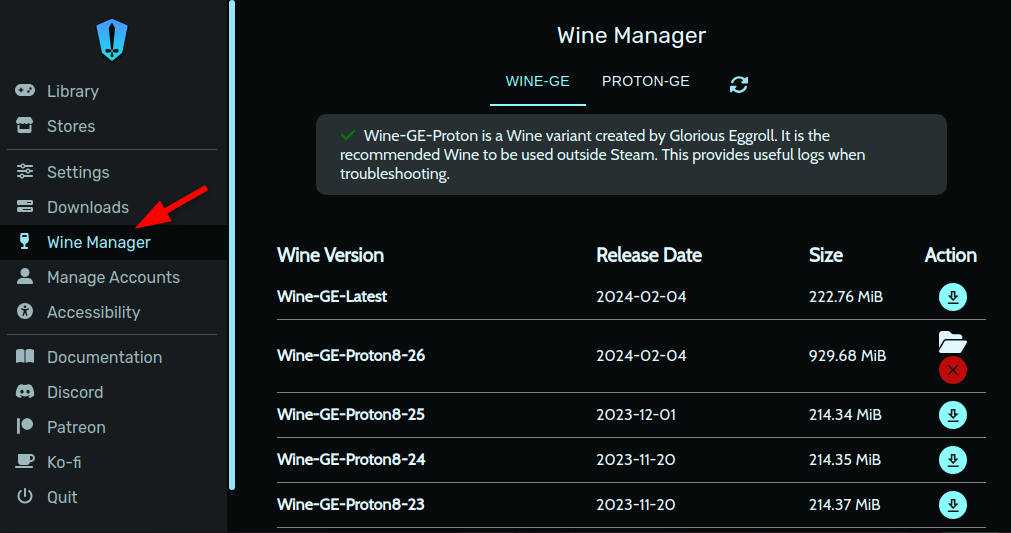 Selecting different Wine versions from Wine manager on Heroic Launcher.