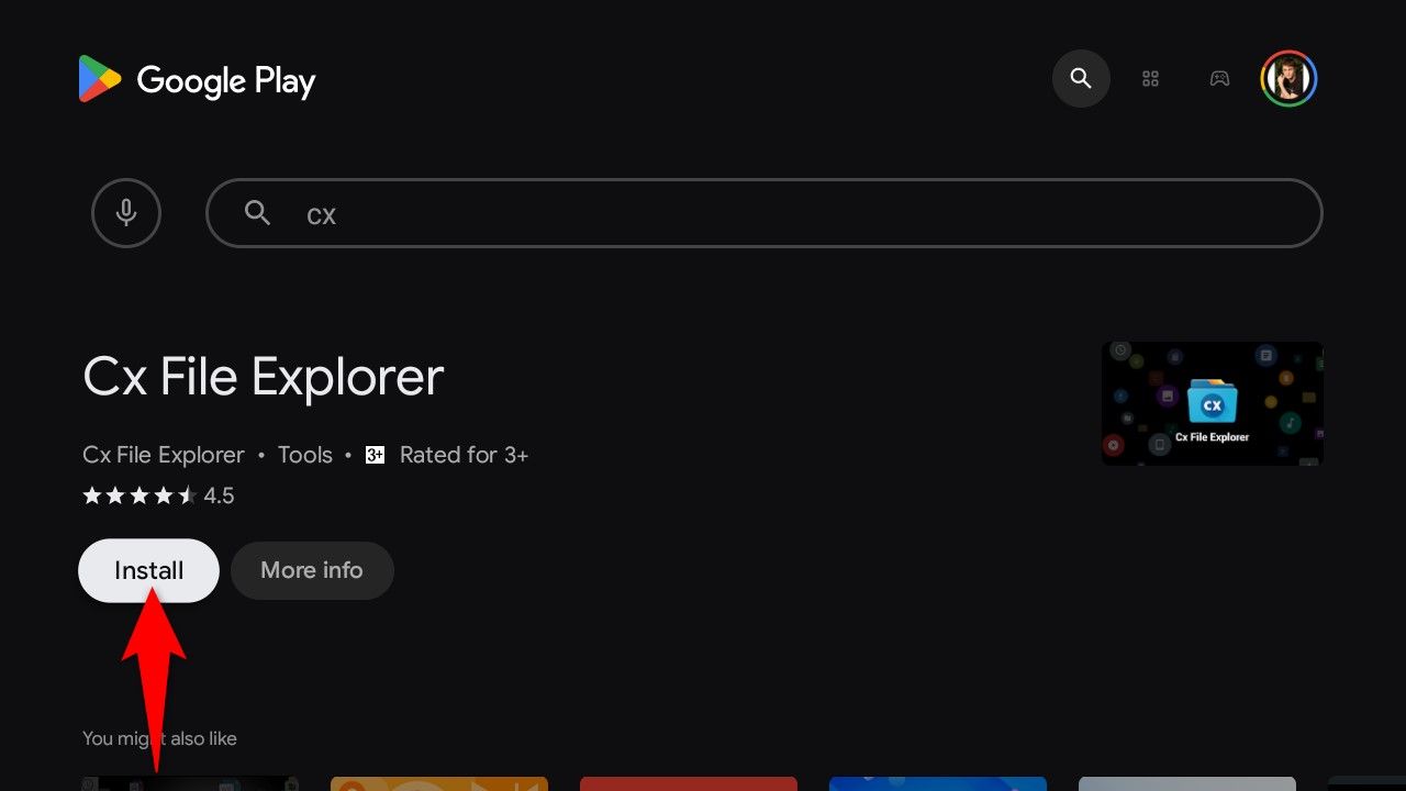 'Install' highlighted for Cx File Explorer on an Android TV.