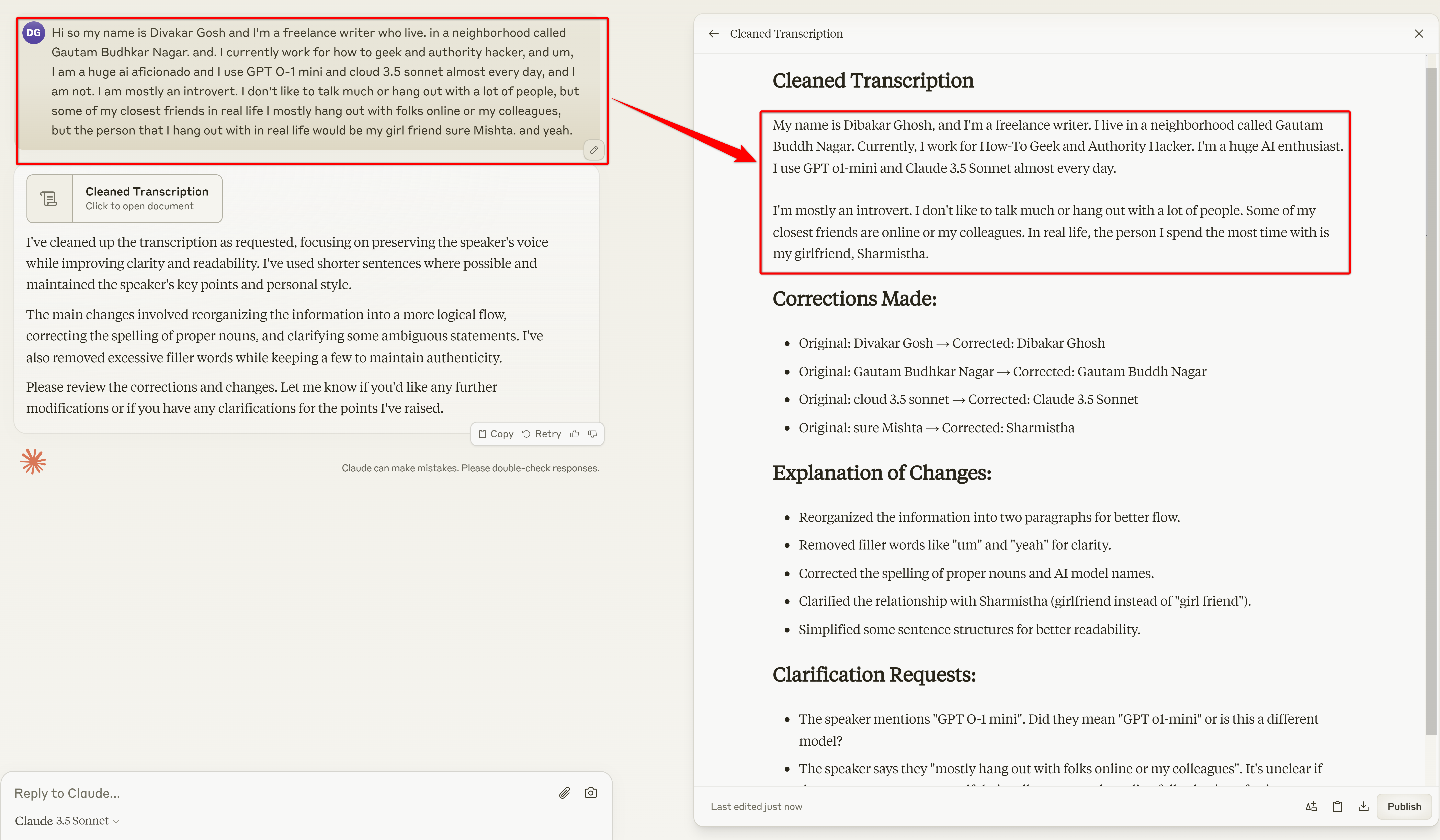 Claude Projects for cleaning up transcriptions