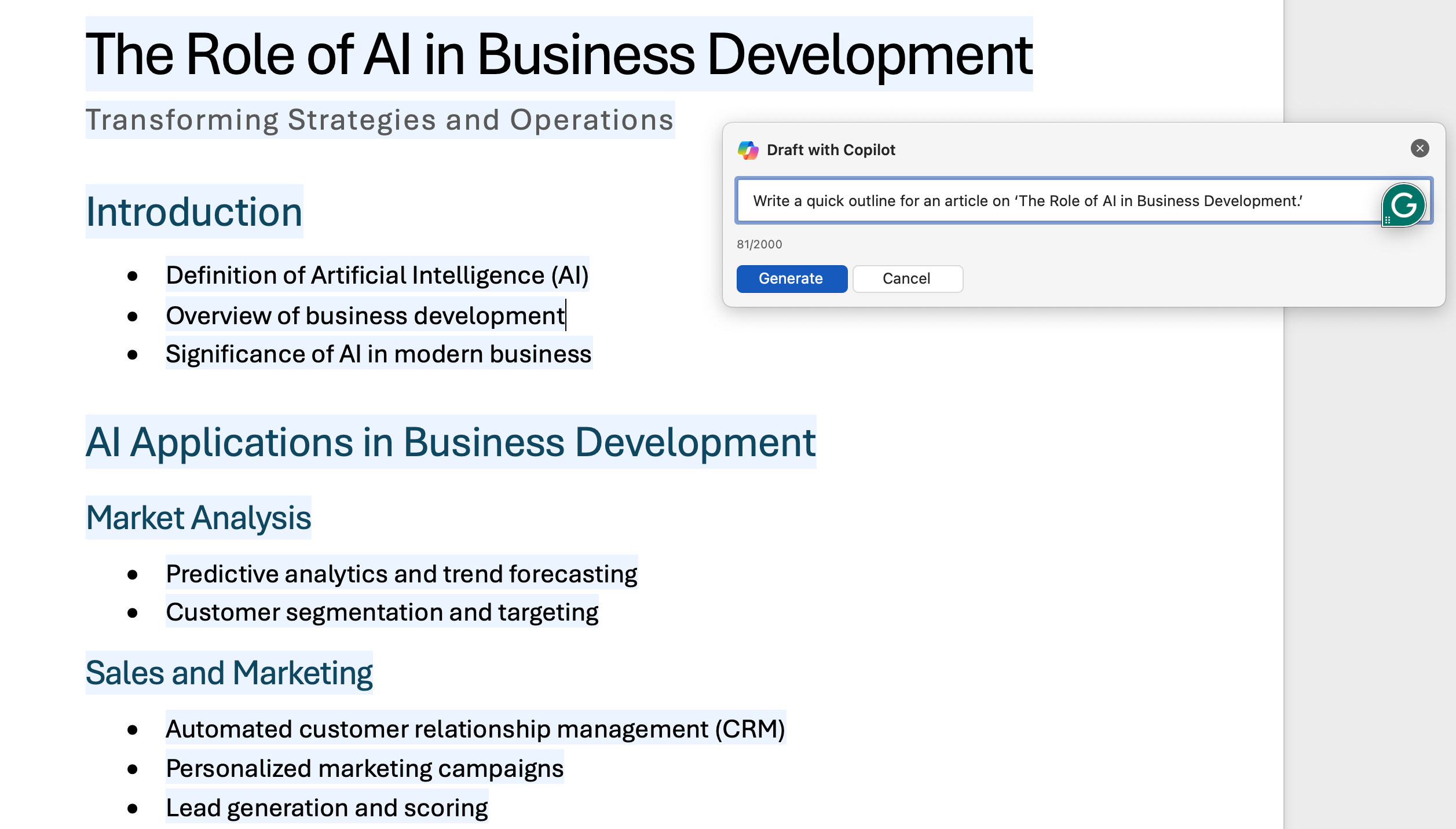 Copilot generated an outline for a topic in Microsoft Word.