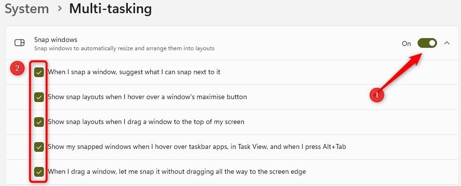 Enabling Snap layouts and customizing other settings in the Windows Settings app.