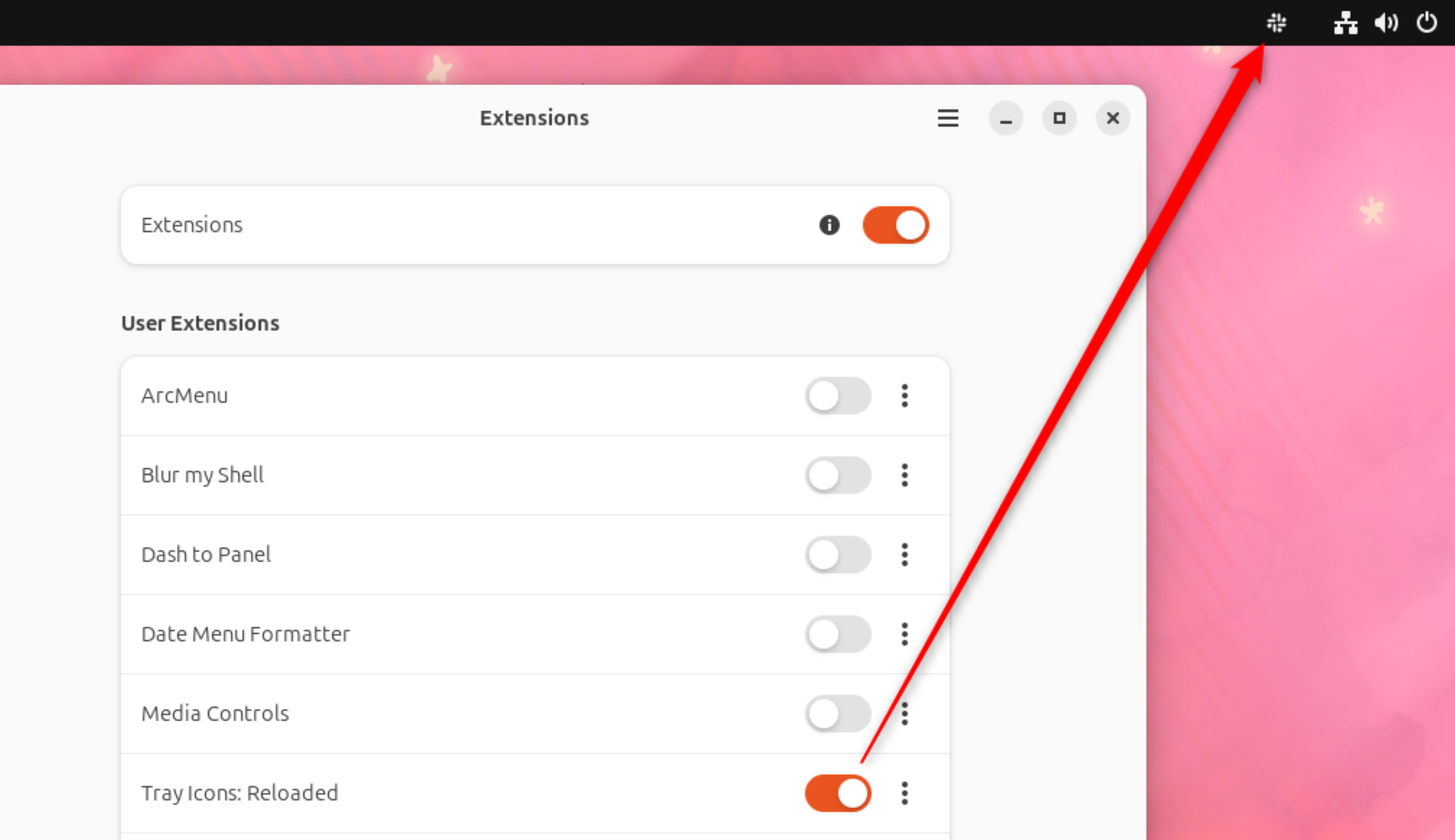 Switching on the Tray Icons in the GNOME panel.