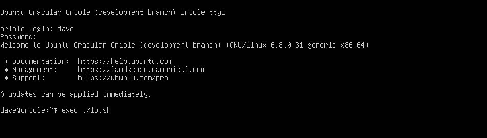 Logging in to a console login shell on a computer running GNOME, and using exec to launch a script with logout in it.