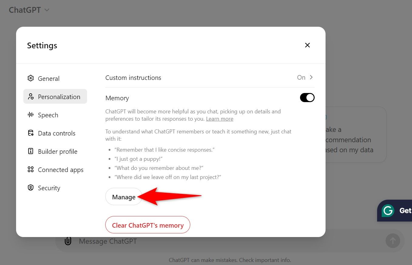 'Manage' highlighted in ChatGPT Memory settings.