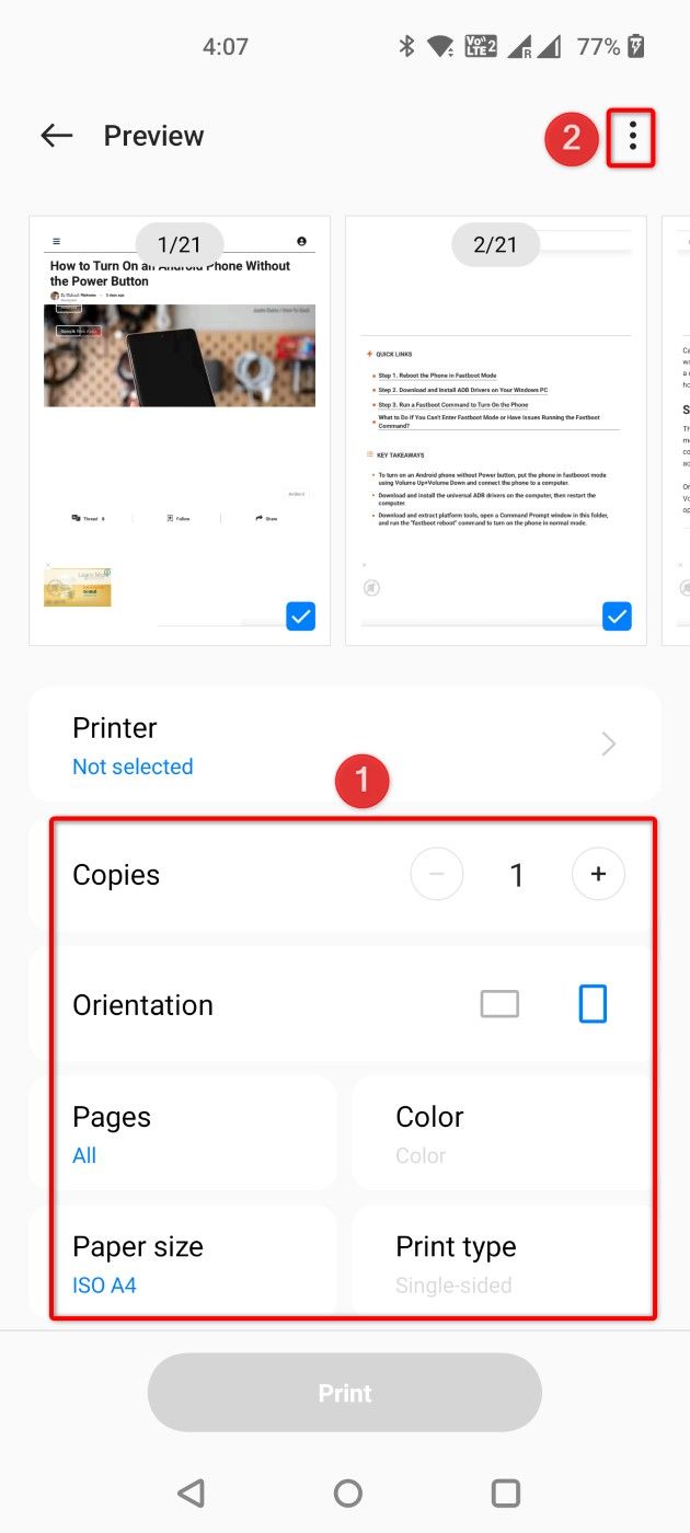 The print configuration area and the three-dot menu highlighted in Chrome.