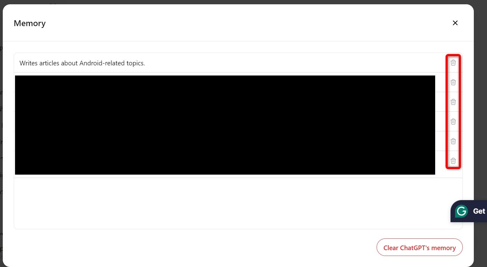 Trash can icons highlighted for saved memory items in ChatGPT.