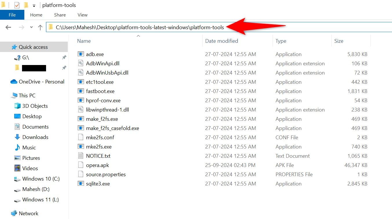 The ADB folder's path highlighted in File Explorer.