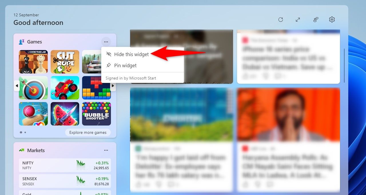 'Hide This Widget' shown in the three-dot area on the widget.