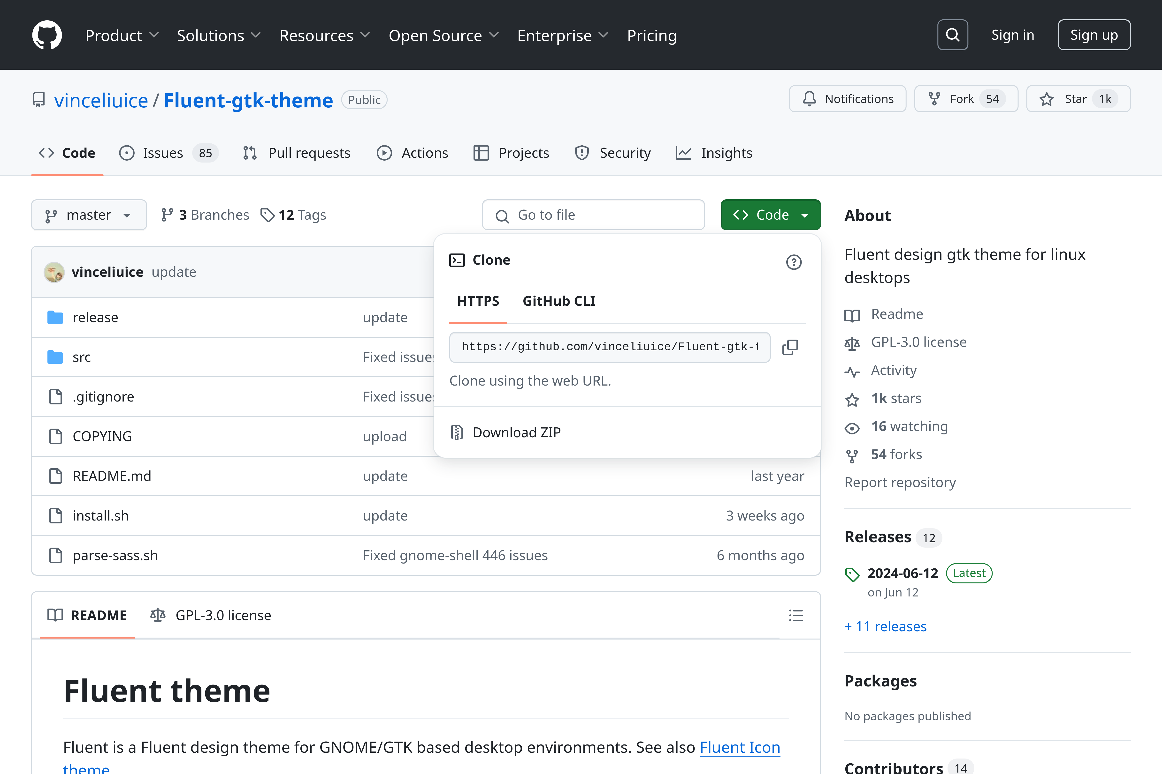 The theme GitHub page for the Fluent GTK Windows look-alike theme.