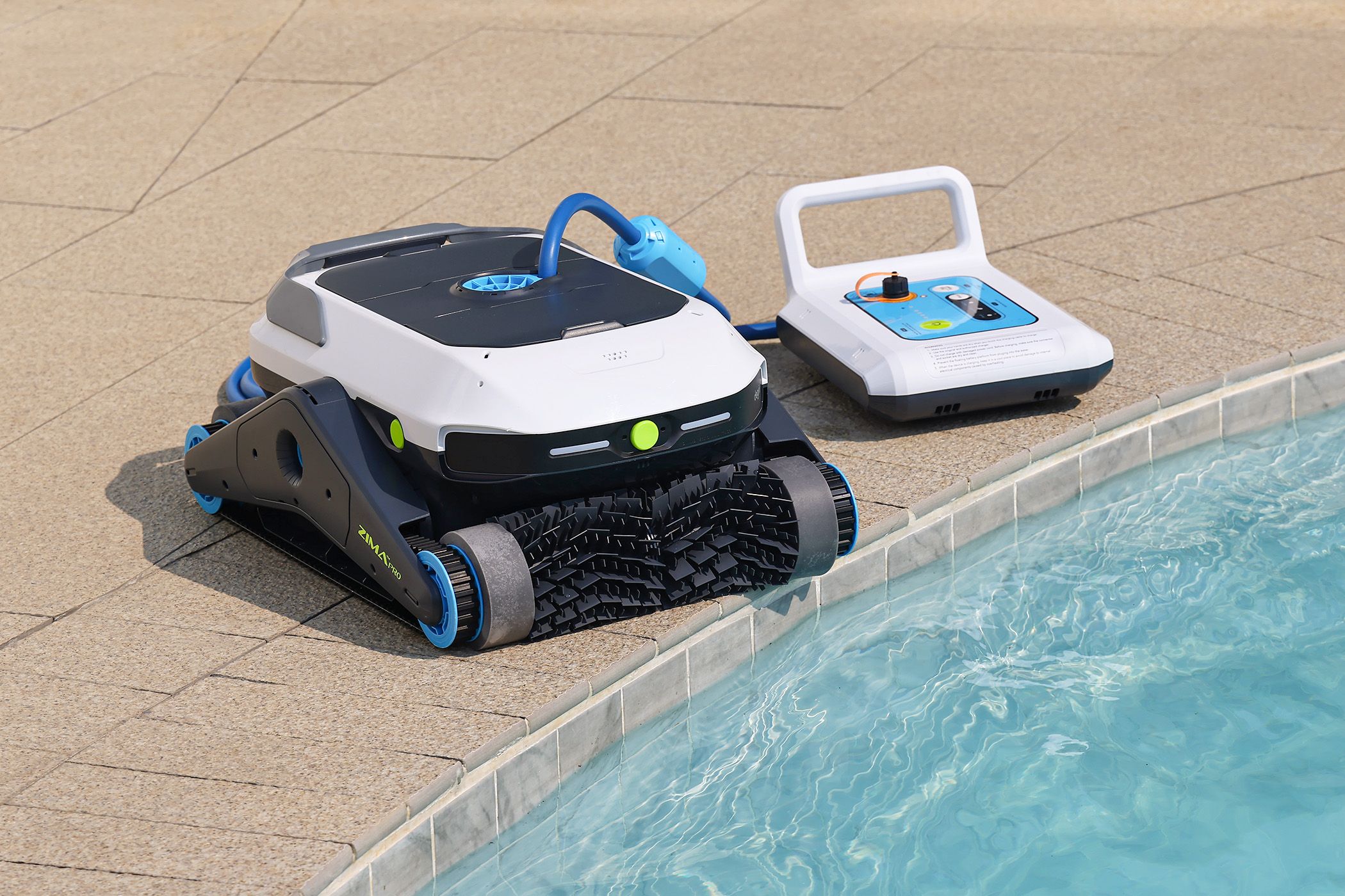 Degrii Zima Pro Robot With its Station by a Poolside