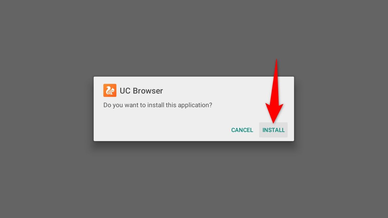 'Install' highlighted for UC Browser in Send files to TV.