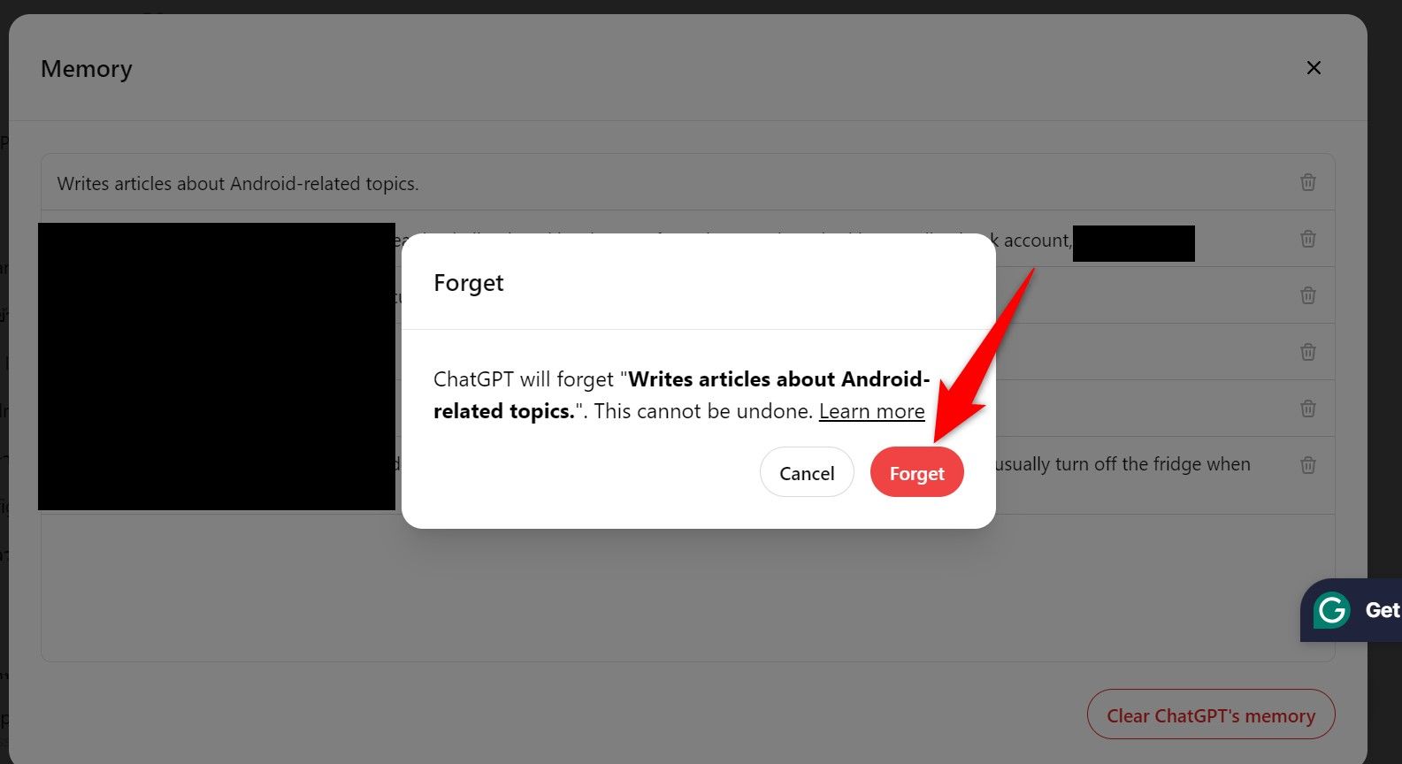 'Forget' highlighted in the 'Forget' prompt on ChatGPT.