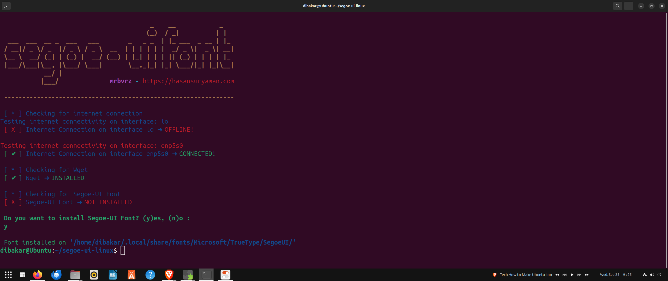 Installing the segoe-ui font through the Ubuntu terminal.