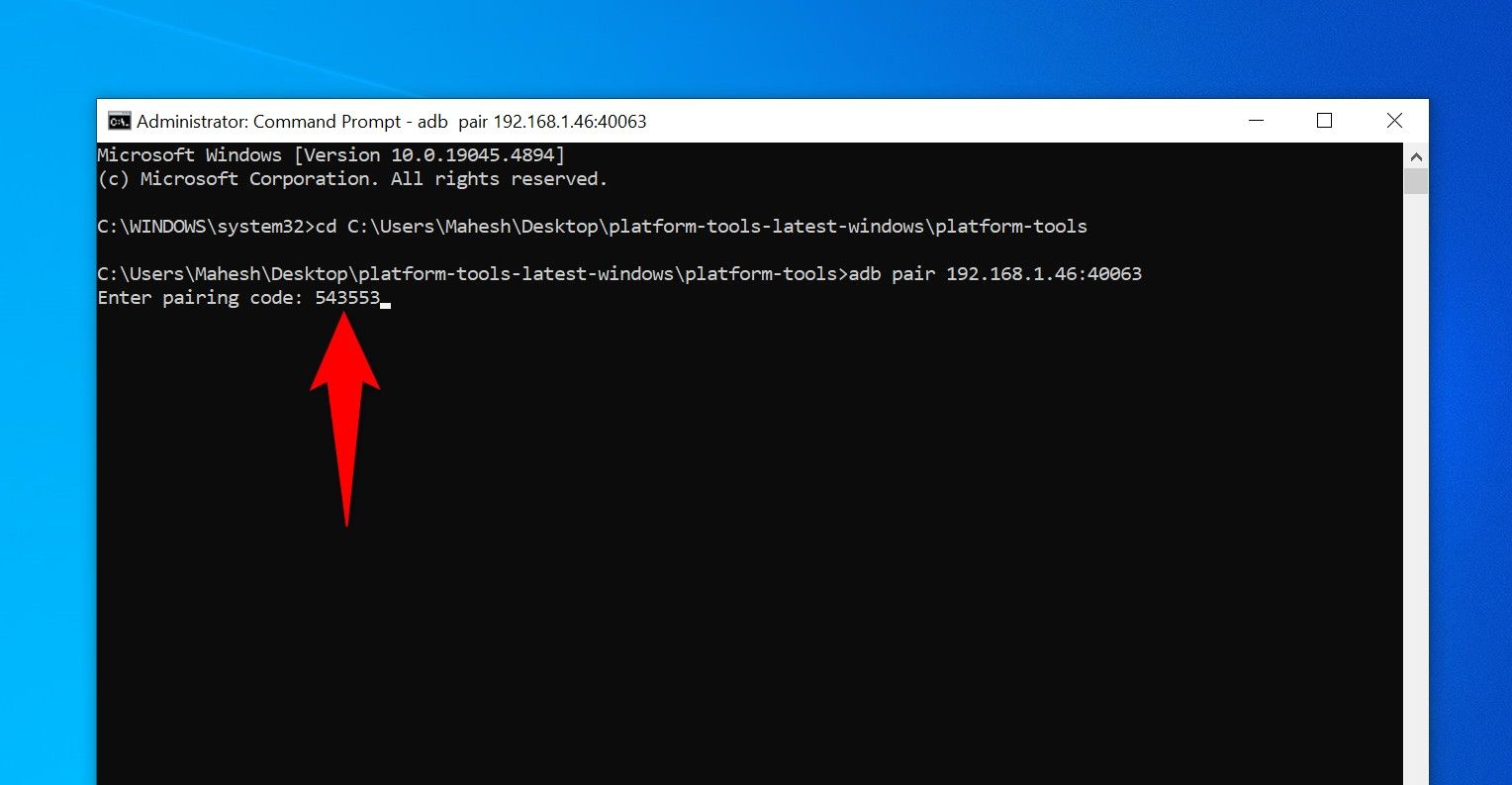 Command Prompt asking for the wireless ADB debugging pairing code.