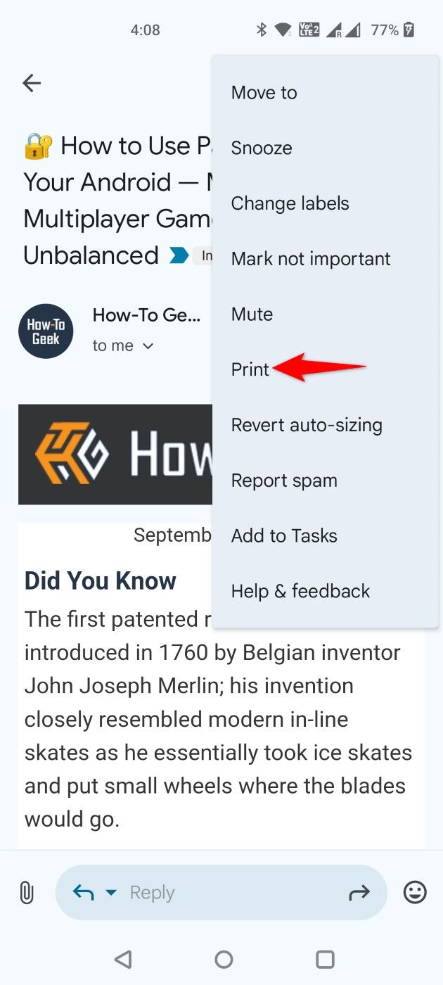 'Print' highlighted in Gmail's three-dot menu.