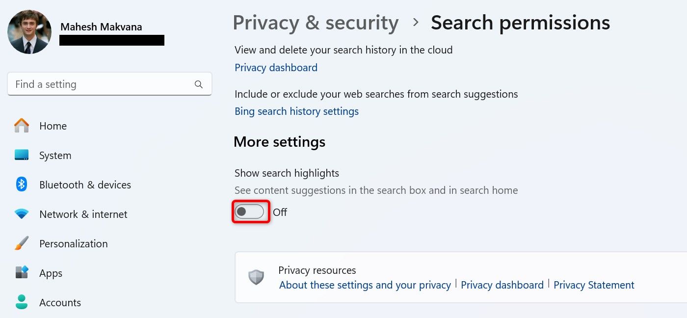 The 'Show Search Highlights' toggle highlighted in Settings.