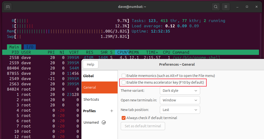 Allowing the F10 keypress to pass through to htop.