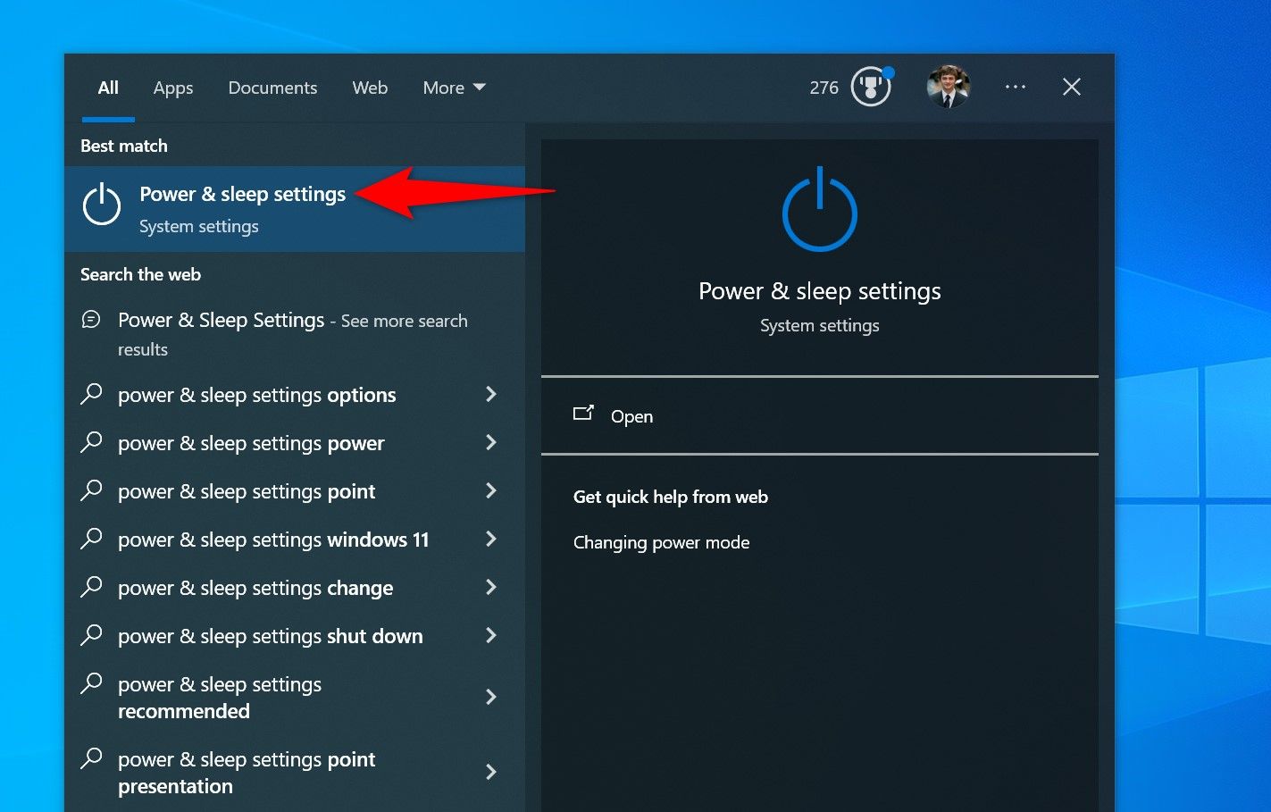 'Power & Sleep Settings' highlighted in Windows Search.