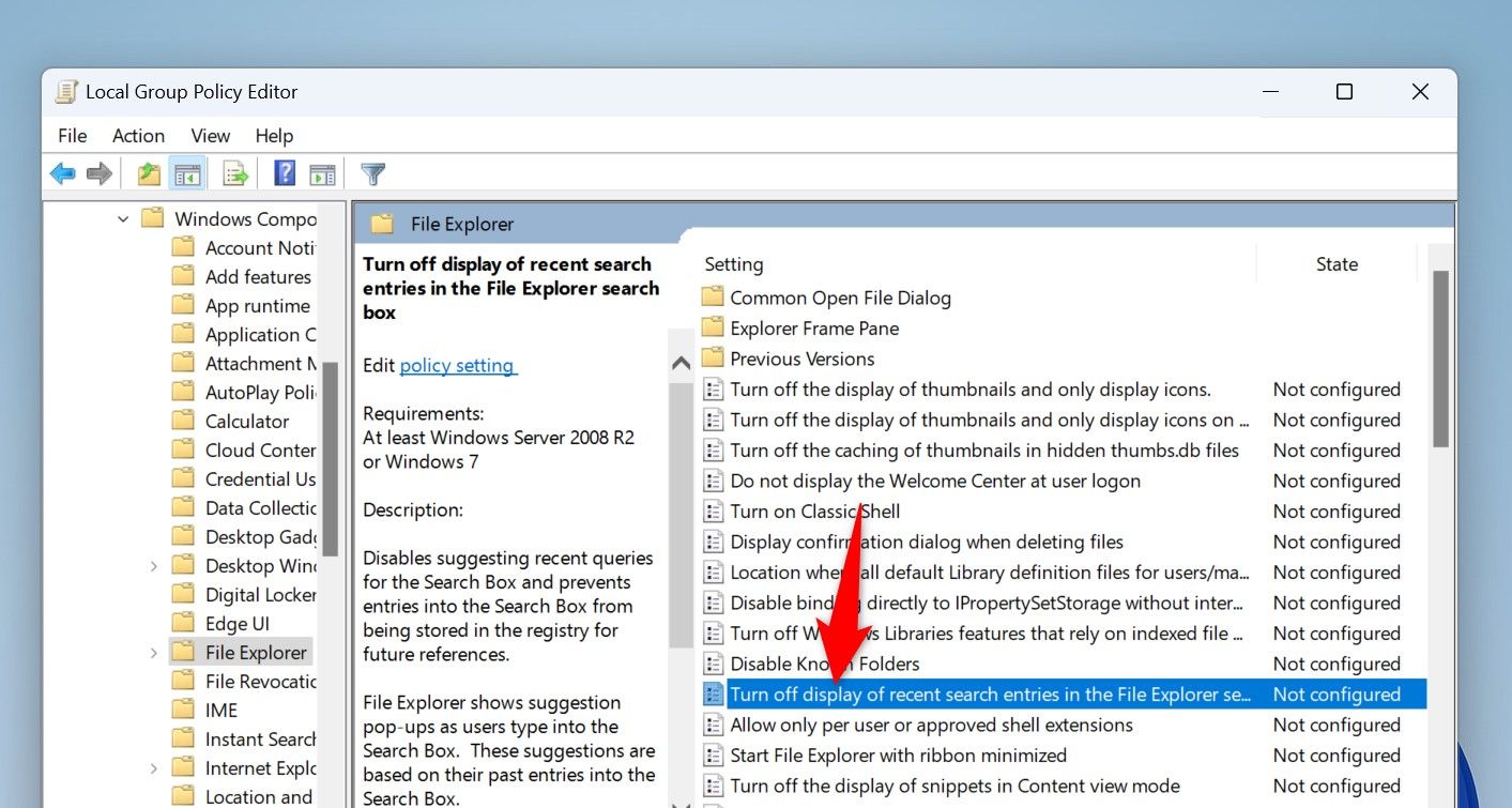 'Turn Off Display of Recent Search Entries in the File Explorer Search Box' highlighted in Local Group Policy Editor.