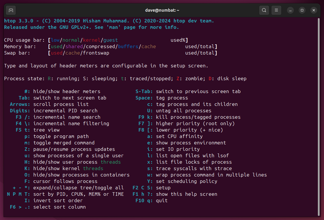 The help screen in htop.