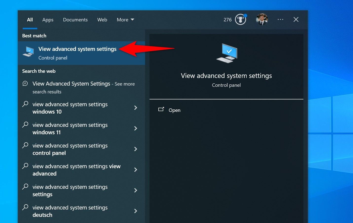 'View Advanced System Settings' highlighted in Windows Search.