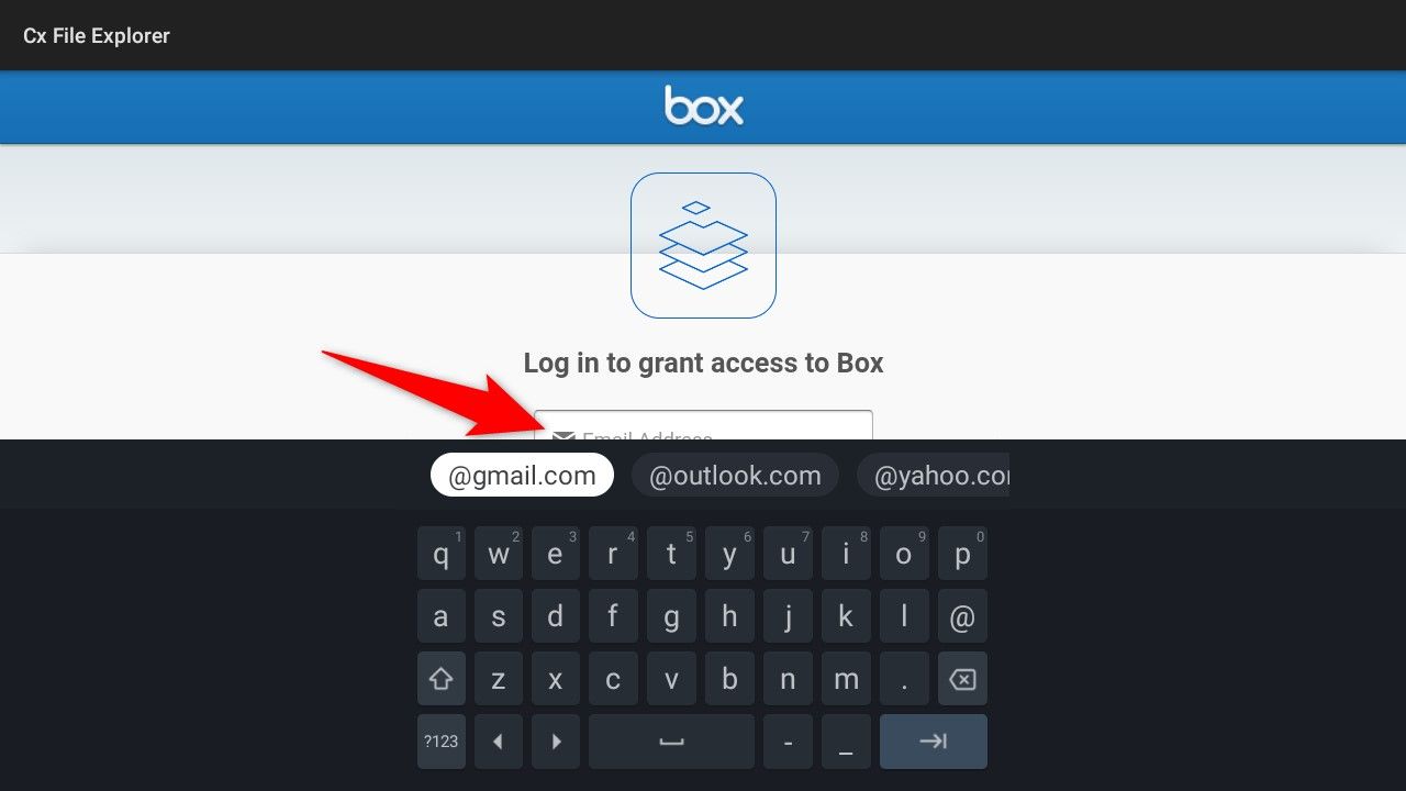 Box's login page in Cx File Explorer.
