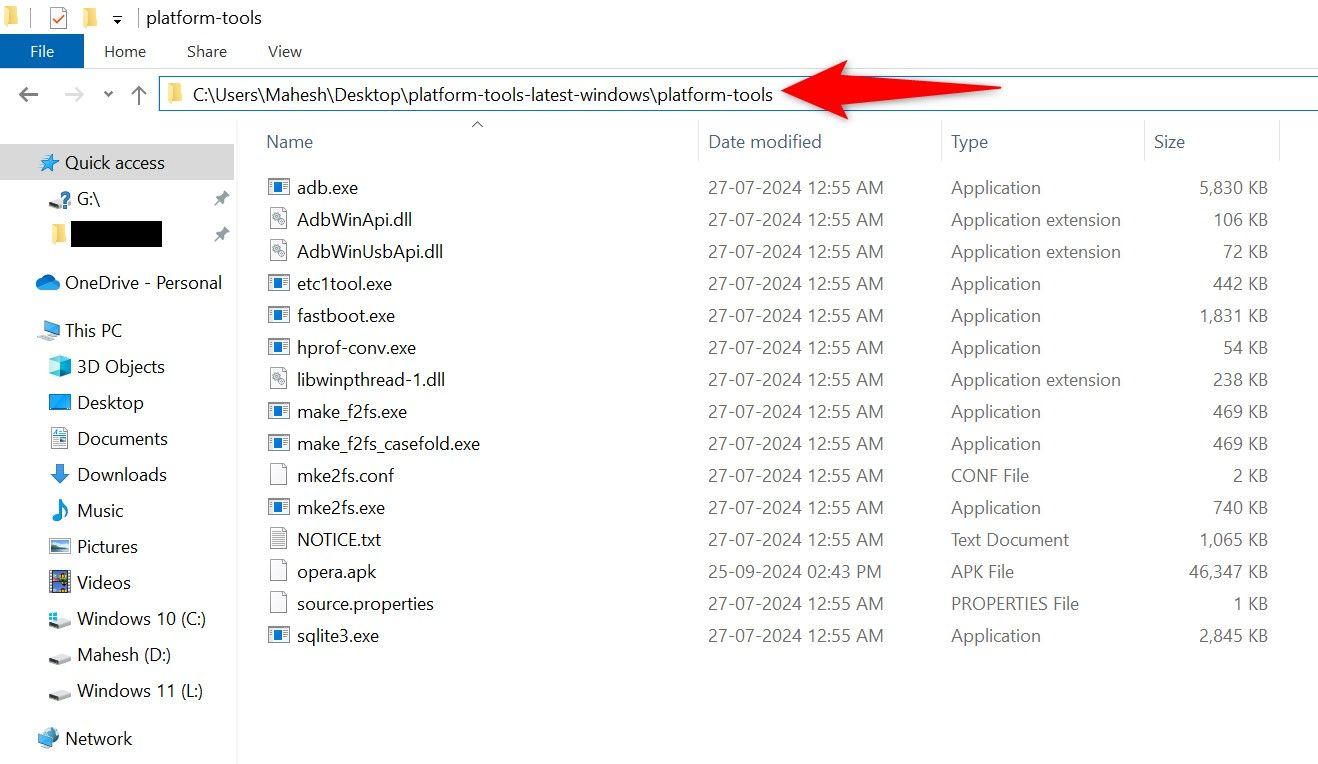 The ADB folder path highlighted in File Explorer.