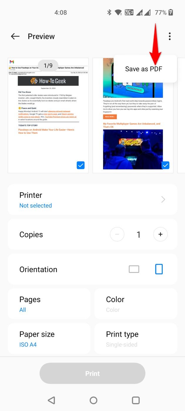 'Save as PDF' highlighted in Gmail.