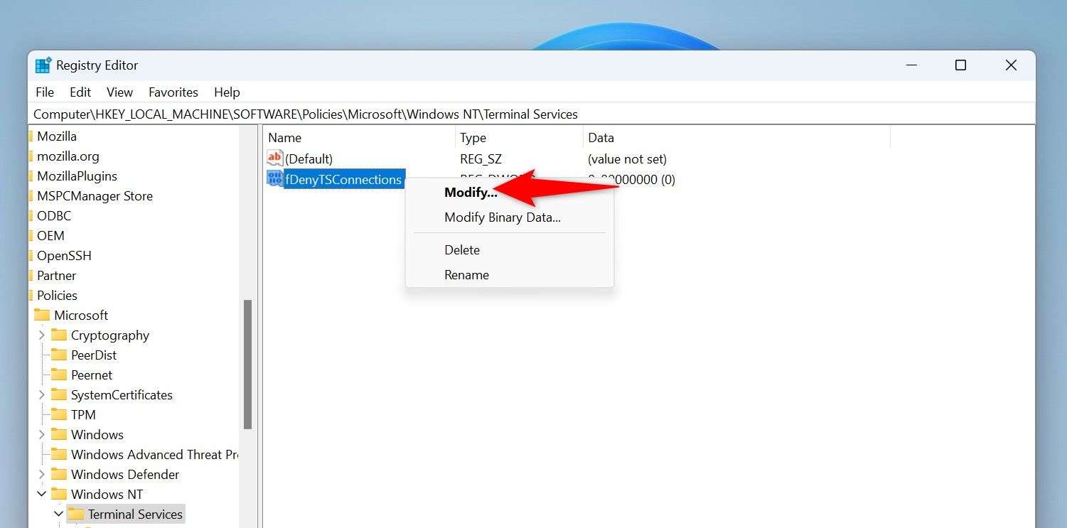 'Modify' highlighted for 'fDenyTSConnections' in Registry Editor.