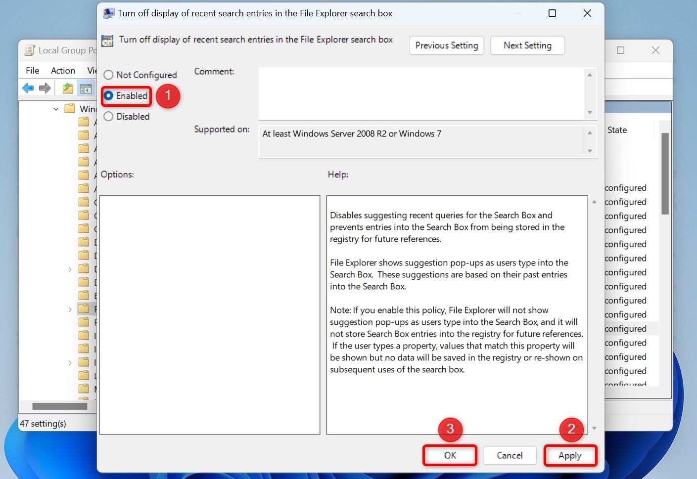 Options to restrict Internet searches in Windows Search displayed in the Local Group Policy Editor.